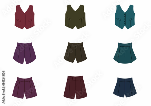 Flat design vector illustration set featuring stylish waistcoats and tailored shorts in earthy and dark tones.