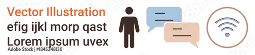 Digital communication, online messaging, wireless networking, connection, remote work, technology. Minimalist icons include a person with speech bubbles and a wireless symbol. Digital communication