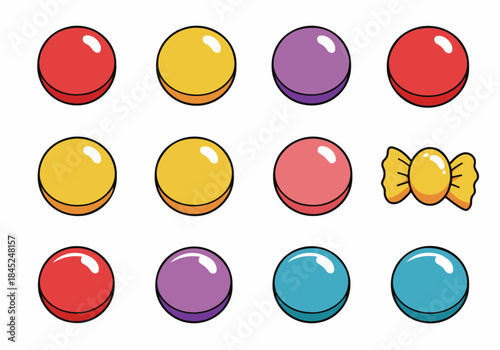 Bright cartoon candy icons, featuring round gumdrops and a wrapped sweet, sugar illustration set.