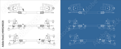 Wireframe Technical Drawing of Car Front Suspension and Steering Mechanism from Perspective Angles