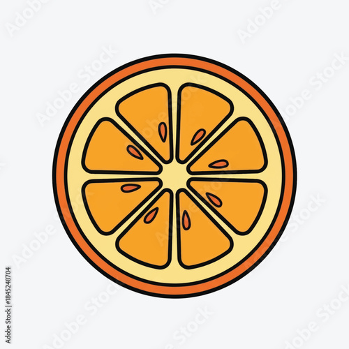 Bright orange citrus fruit slice illustration with segmented pulp and glossy rind.