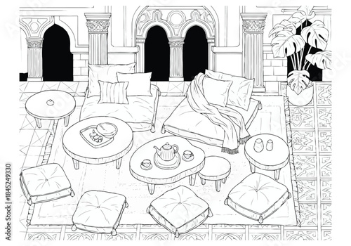 Elegant Oriental Lounge Area Sketch with Floor Seating and Decorative Elements layout architecture interior design icons exclusive