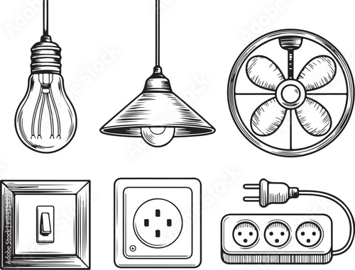 Electrical components vintage line art icons