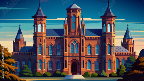 Very beautiful illustration of the Smithsonian Building in Washington DC, showcasing historic architecture, red stone textures, balanced composition, and elegant vector style suitable for cultural the