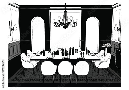 Elegant Dining Room Setup for Formal Dinner Party Vector Illustration layout architecture interior design icons exclusive