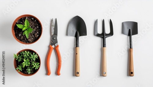Flat Lay Set of Garden Tools Isolated on White Background