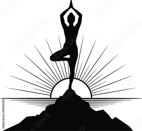 Yoga Tree Pose Silhouette on Mountain Peak at Sunrise