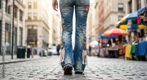 Woman wearing blue jeans with fringes walking down a city street