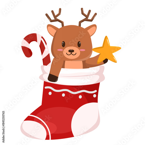 Illustration of red Christmas socks with adorable mini reindeer inside with stars and candy canes