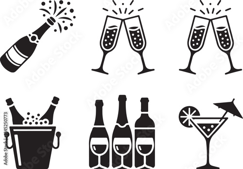 Celebration drinks icons set black silhouette
