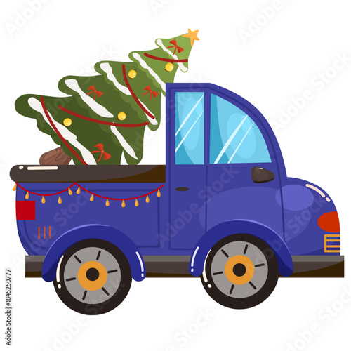 Illustration of a pickup truck transporting a large Christmas tree decorated with Christmas ornaments and lights 