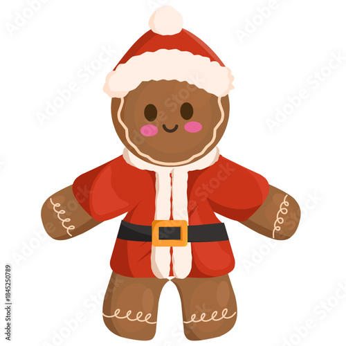 Illustration of a cute gingerbread cookie with red cheeks wearing a Santa Claus outfit 