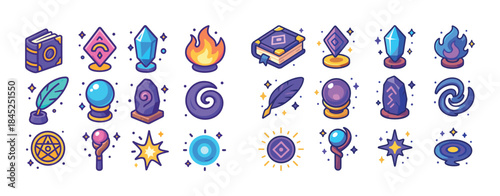 Colorful magic icons set with crystals, flames, and ancient symb