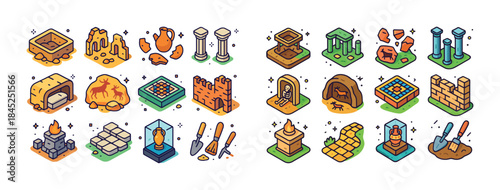 Vector icons of ancient artifacts and archaeological tools in ca