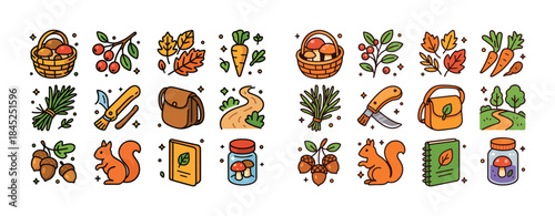 Autumn harvest and nature icons set featuring squirrels, leaves,