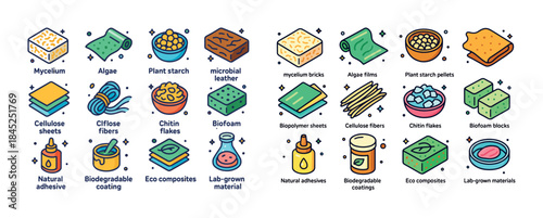 Sustainable materials icons including mycelium, algae, and biofo