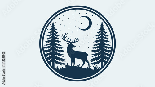 Stunning silhouette of majestic stag in pine forest under crescent moon and stars