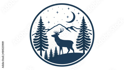 Stunning silhouette of majestic stag in moonlit forest landscape emblem design