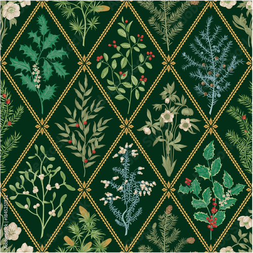 Floral trellis. Seamless vector pattern. Winter flora. Green 
