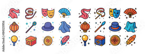 Colorful theater and magic icons featuring masks, fans, wands, l