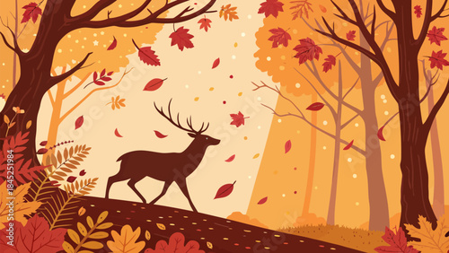 Stunning deer walks through vibrant autumn forest as colorful leaves gently fall around