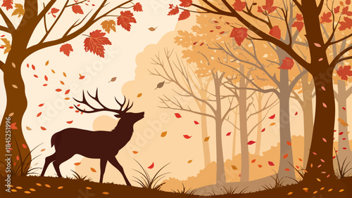 Majestic stag silhouette wanders through a vibrant forest during a beautiful autumn leaf fall