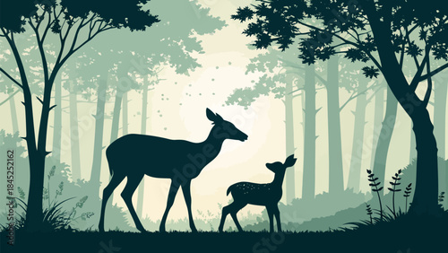 Stunning silhouette of a mother deer and her fawn in a tranquil forest