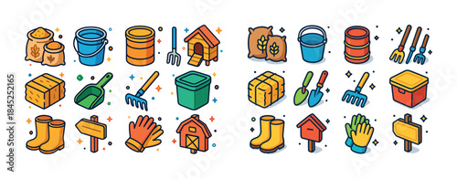 Colorful farm and garden icons with tools, equipment, and decor
