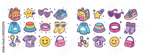 Colorful cartoon fashion accessories featuring backpacks, sneake