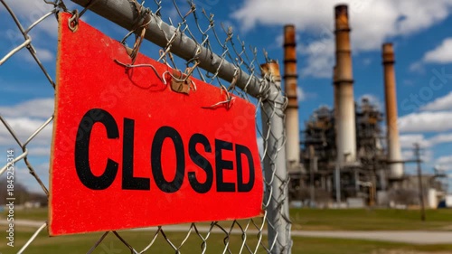 Sign indicating closure at a power plant with smokestacks in the background on a clear day