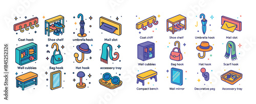 Colorful home organization and storage solutions icons set