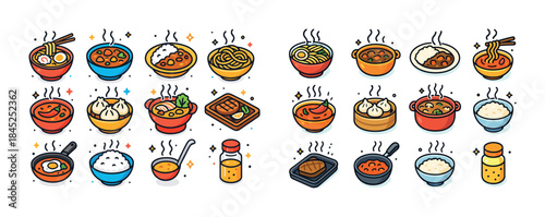 Variety of asian noodle and rice dishes in colorful bowls
