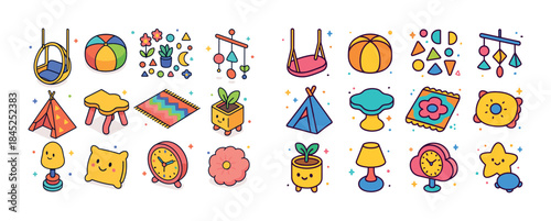 Colorful cartoon home decor: plants, lamps, clocks, pillows, toy