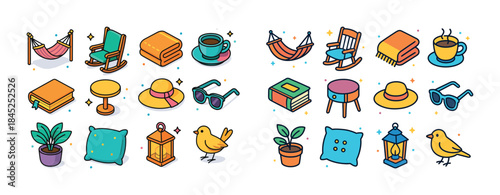 Cozy home icons: furniture, plants, and accessories in vibrant c