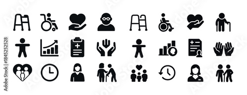 Healthcare and support icons collection: disability, family, and