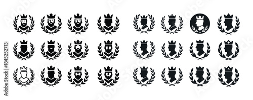 Set of heraldic animal and king crests with laurel wreaths