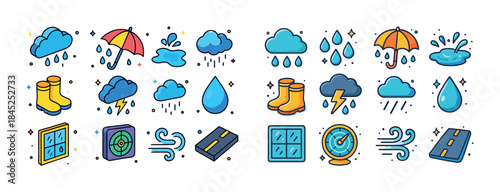 Weather icons collection: rain, clouds, wind, boots, and more