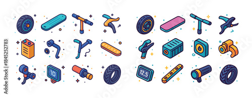 Colorful set of electric scooter parts and accessories in vector