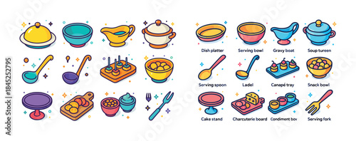 Colorful kitchenware collection with labels and icons