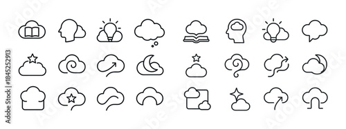 Set of 25 creative cloud and idea icons in line art style