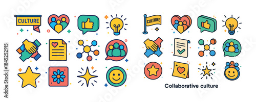 Colorful icons representing teamwork and collaborative culture c