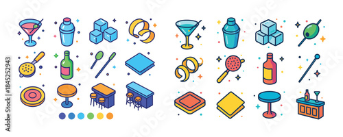 Vibrant cocktail bar items collection with glasses shaker garnis