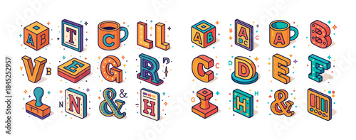 Colorful isometric alphabet letters with geometric symbols and d