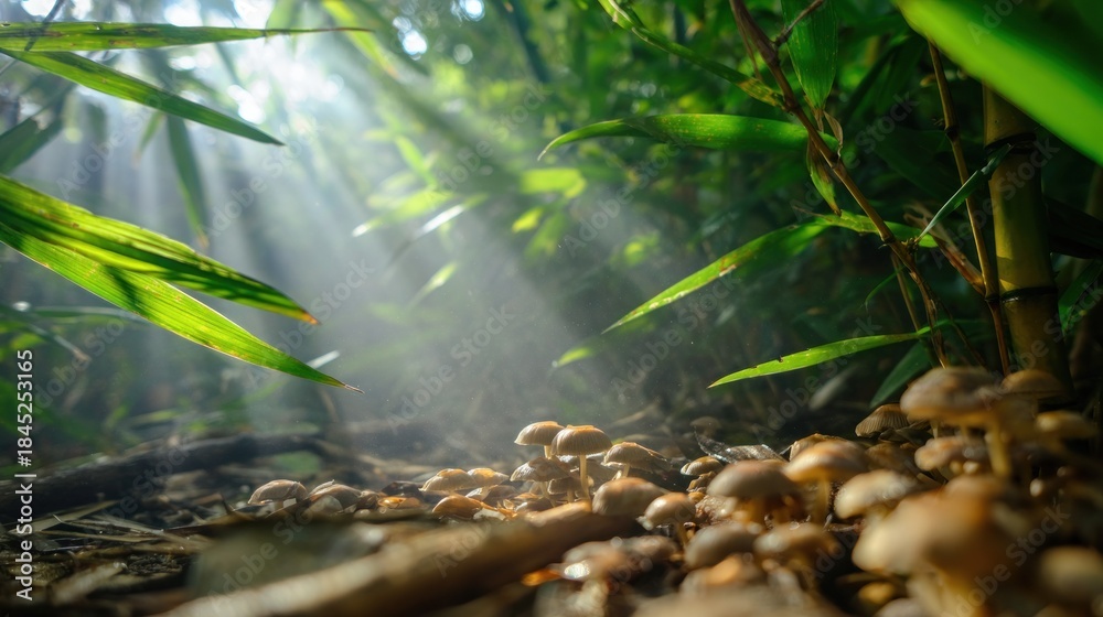 Naklejka premium Sunlight filters through bamboo forest, illuminating small mushrooms