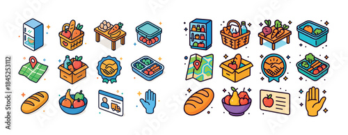 Colorful food and kitchen icons with fridge and picnic basket