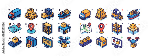 Colorful logistics and delivery icons featuring trucks, boxes, m