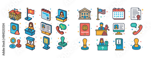 Colorful icons of bureaucracy and documentation processes