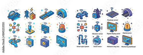Smart infrastructure icons featuring bridges, sensors, and monit
