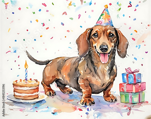 Bright Watercolor Dachshund Birthday Illustration with Cake, Gift Boxes and Confetti on White Background