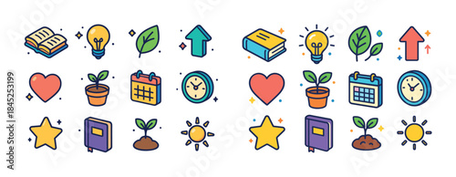 Colorful icon set: nature, education, growth, love, and time sym